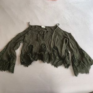 Olive green off the shoulder, crop top.